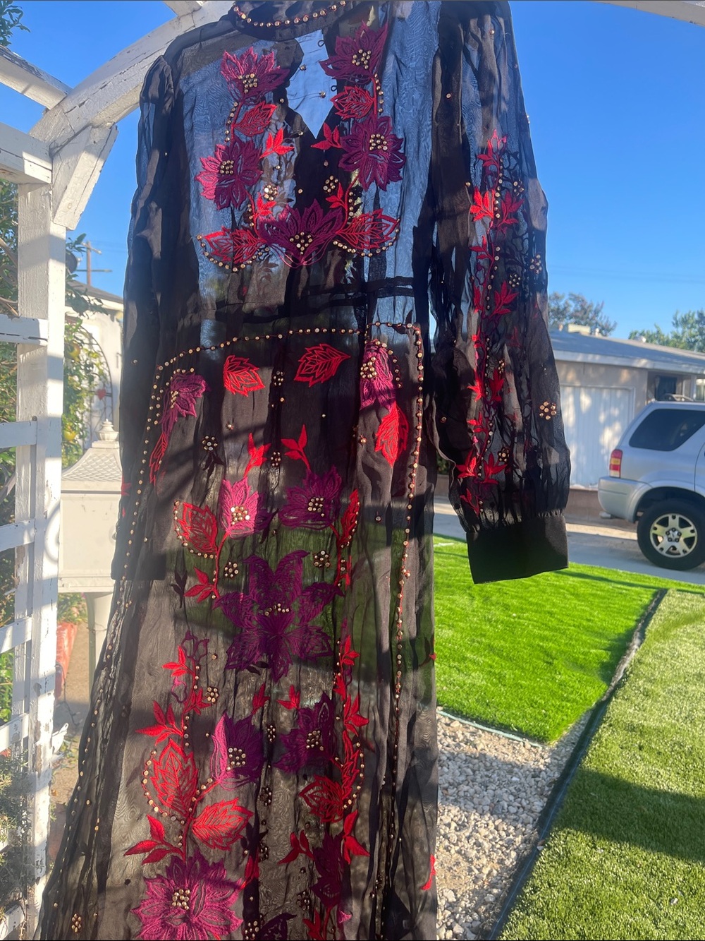 FARM Rio Black Sheer Maxi Dress black and red floral Embroidery , long sleeve